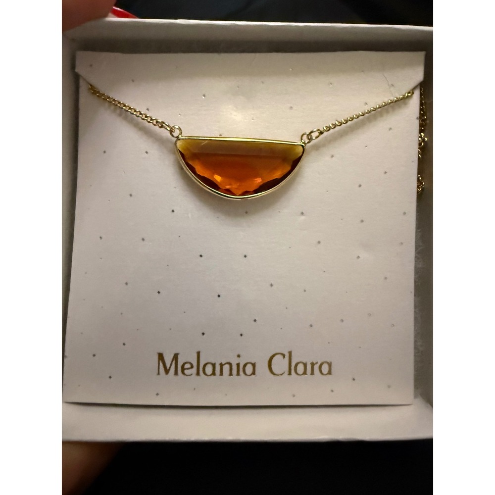 Melania Clara Gold Tone Amber Glass Half Moon Pendant Adjustable Necklace
